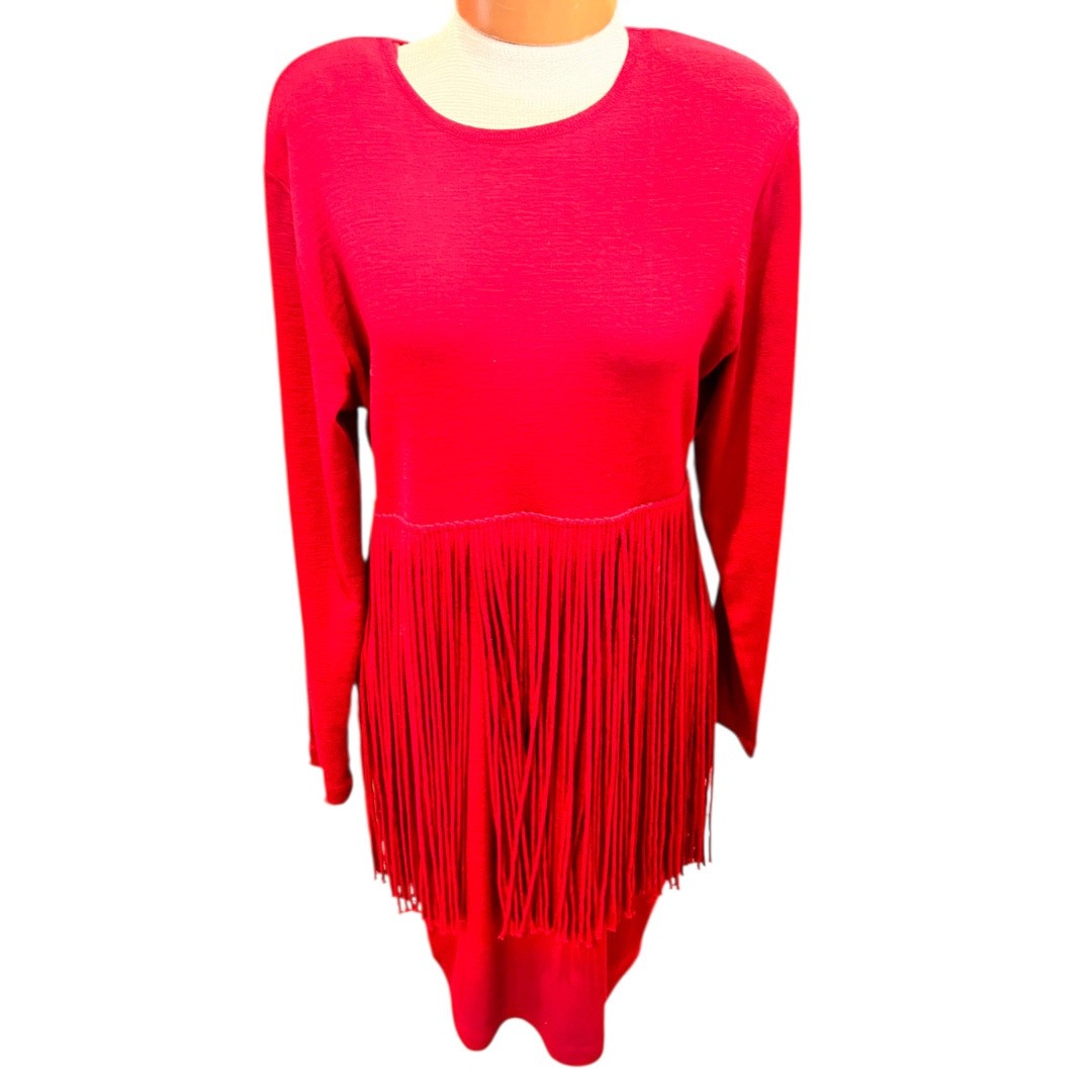 RARE Size L Vintage Andrea Jovine Wool Dress Short Fringed Dress Long Sleeve Red