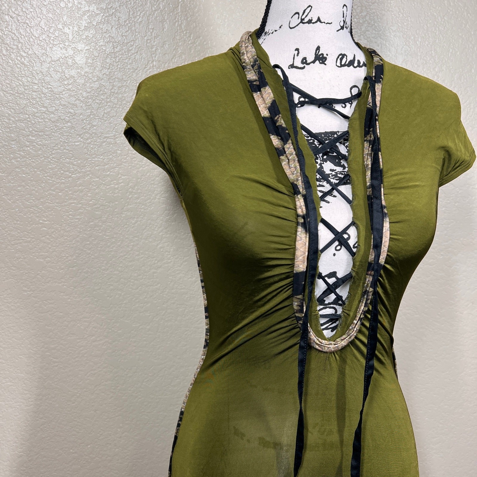 Just Cavalli by Roberto Cavalli olive dress deep lace-up plunging neckline 38