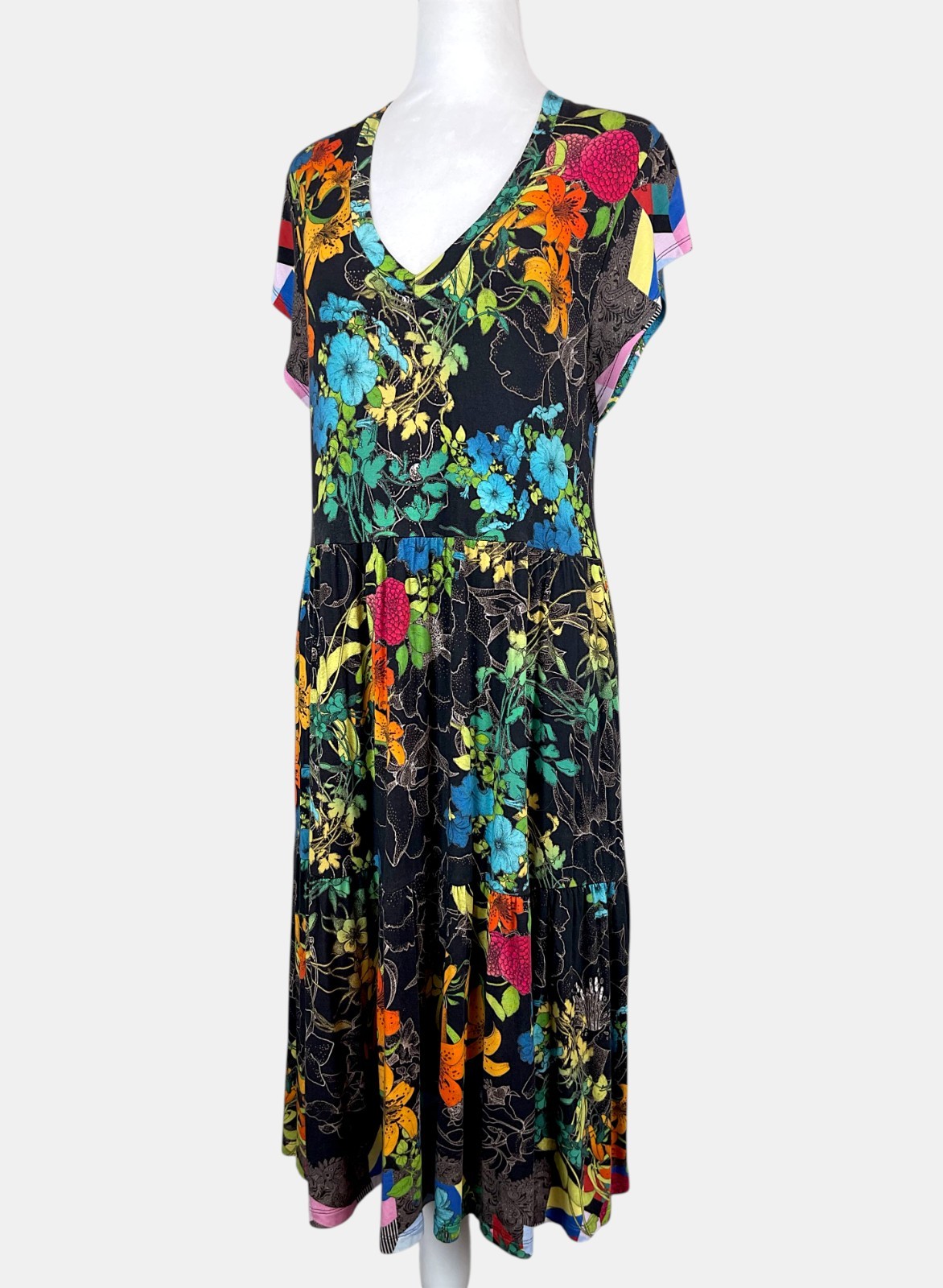 Johnny Was Nero Sequence Tiered Midi Dress Tea Length Floral Boho Sz S