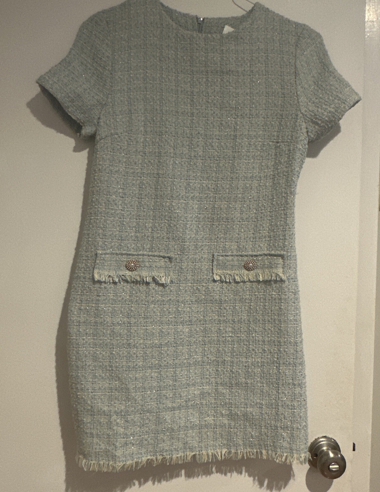 NWT BEPOP FASHION TWEED DRESS SHORT SLEEVE BLUE CREAM M