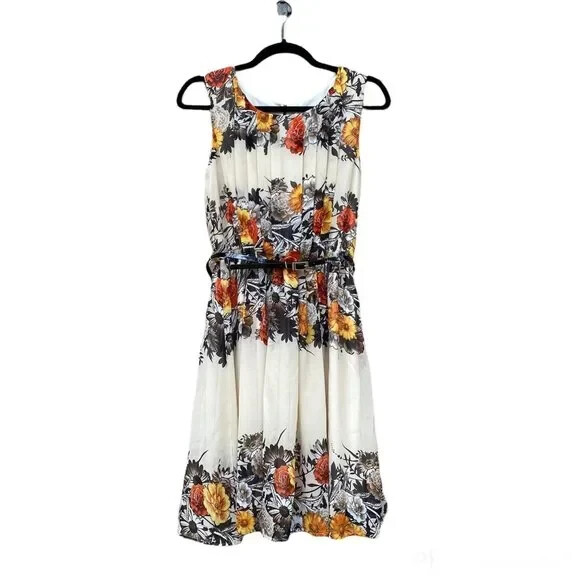 DRESS BARN Dress Floral Lined Belted A Line Special Occasion Size 6
