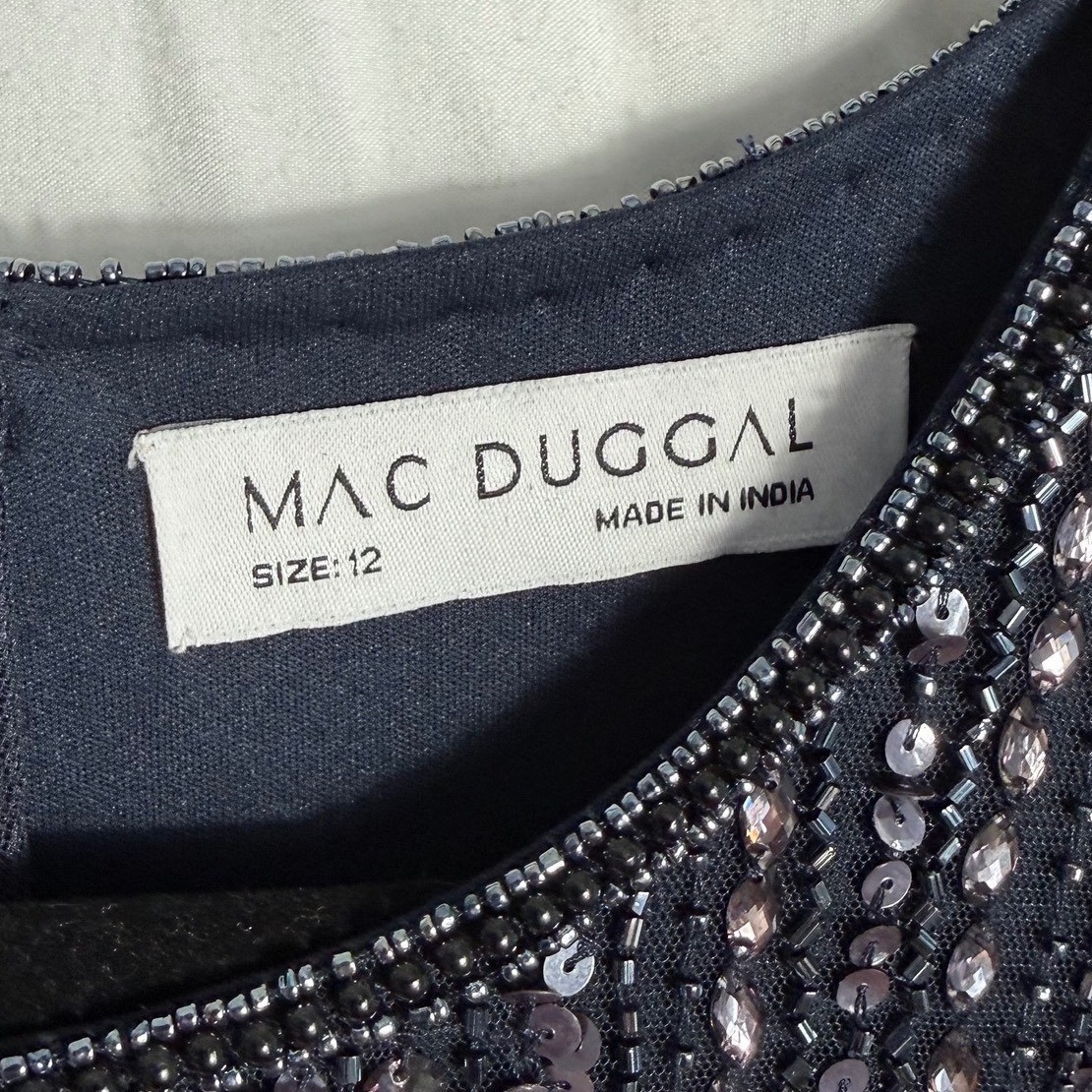 Mac Duggal 9180 Midnight Blue Beaded Sequin Chiffon Gown Dress Womens 12 NWT