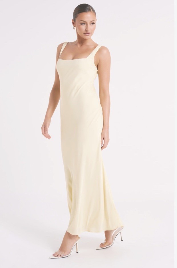 MESHKI Butter Yellow Satin Low-Cut Back Sleeveless Maxi Dress Size XS NWT