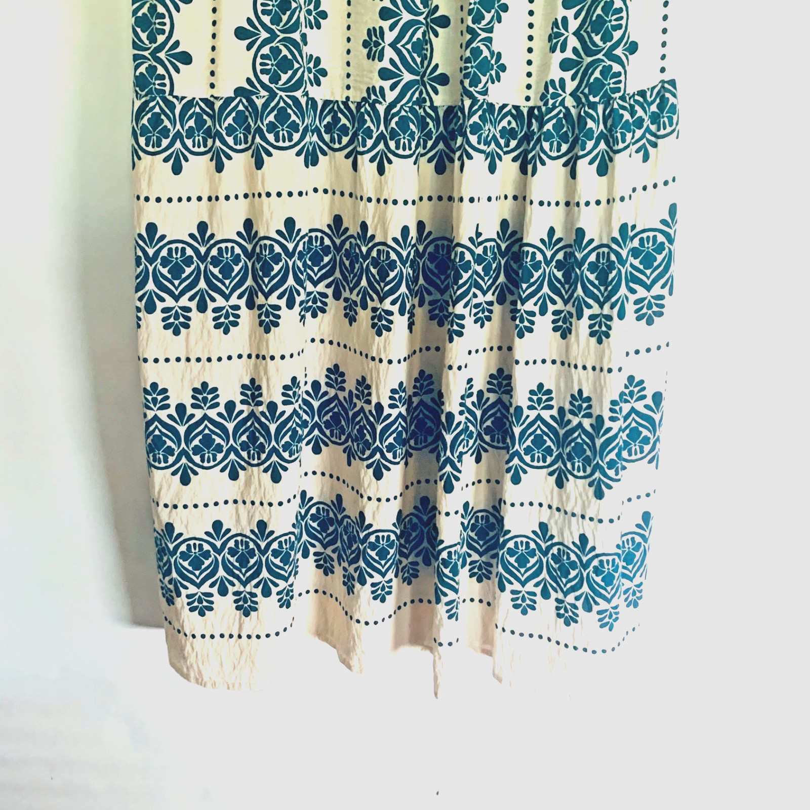 Figueroa & Flowers Dress Size Large Tiered 3/4 Sleeves Boho Teal Blue and Ivory