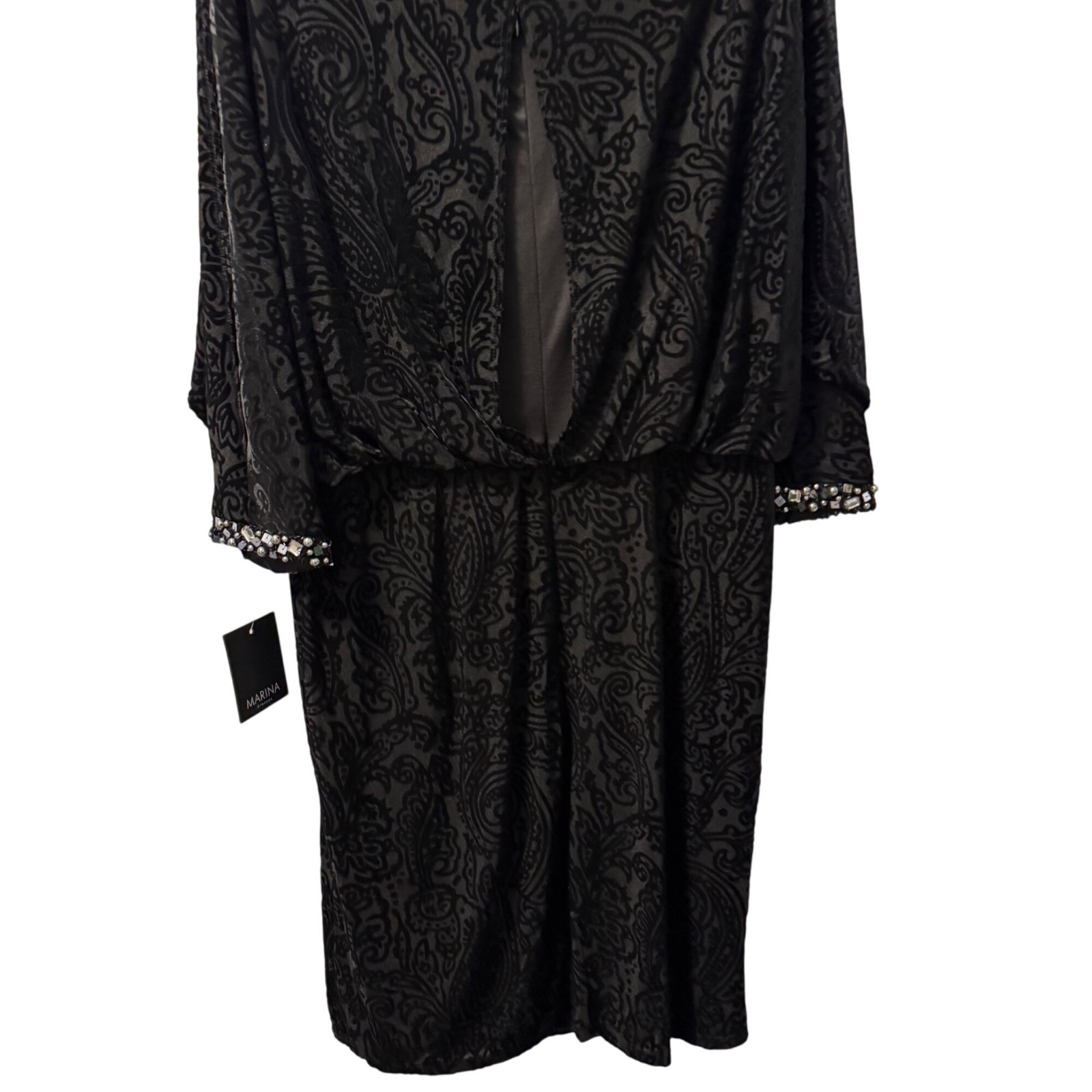 Black Marina Beaded Cuff Dress Size 14 black velvet embellished dress. NWT