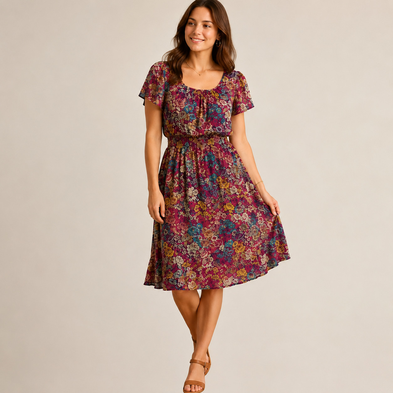 Sundance Silk Floral Blouson Dress Petite 10 Magenta Elastic Waist Boho