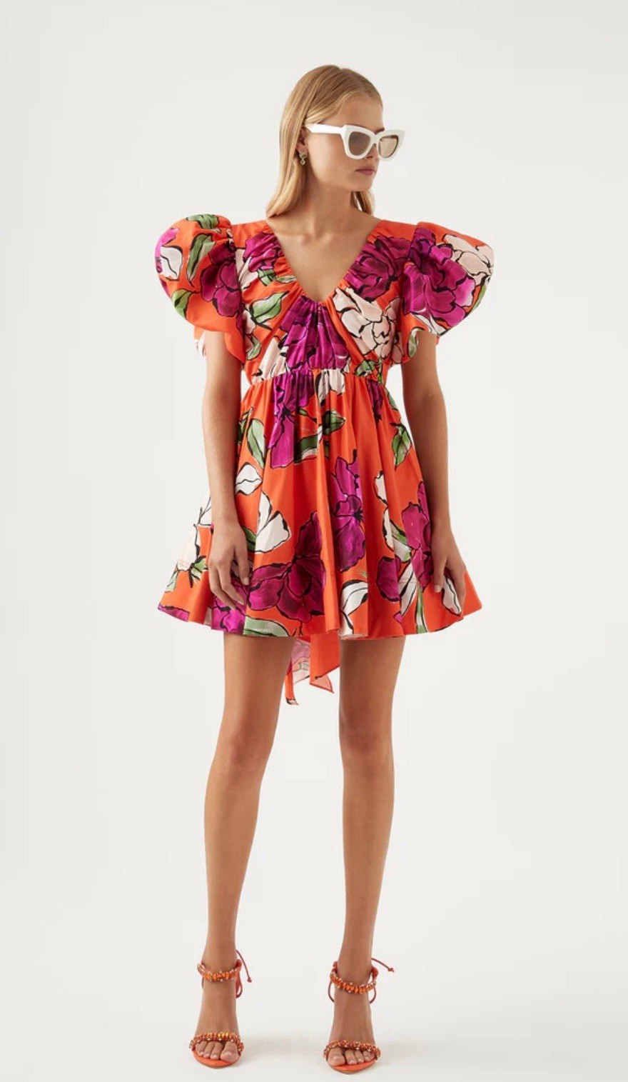 Aje Australia Mini Floral Puff Sleeve Dress UK 12 US 8 NWOT Pink Orange