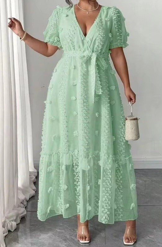 Women’s XL Mint Green V-Neck Flutter Sleeve Ruffle A-Line Dress