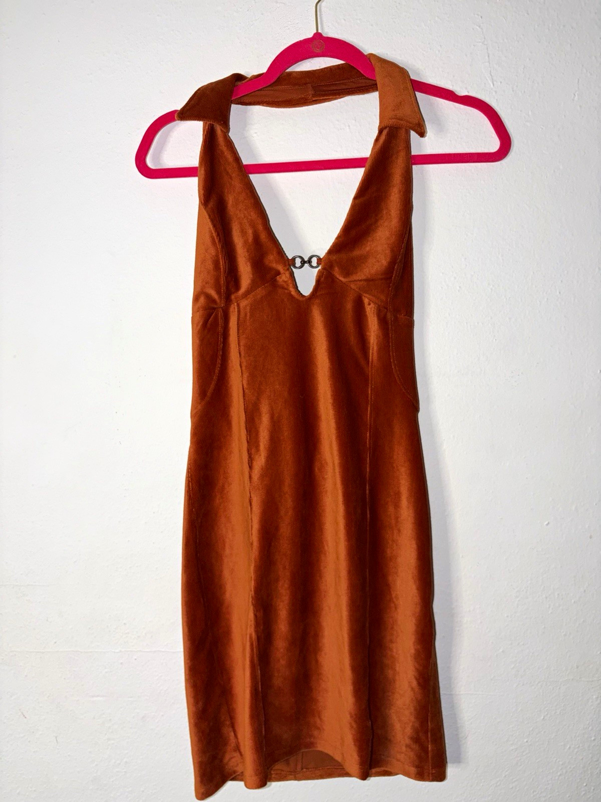 Bershka Brown Velour Halter V-Neck Mini Dress Chain Accent Women’s M