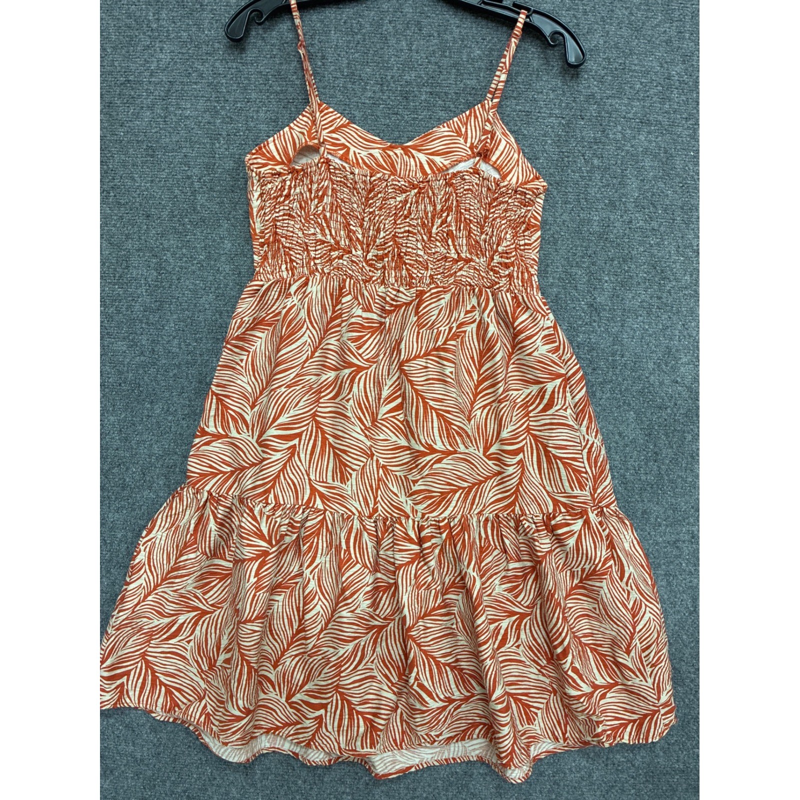 Apricot Rust Orange Palm Leaf Print Tiered Mini Dress Smocked Back US 4