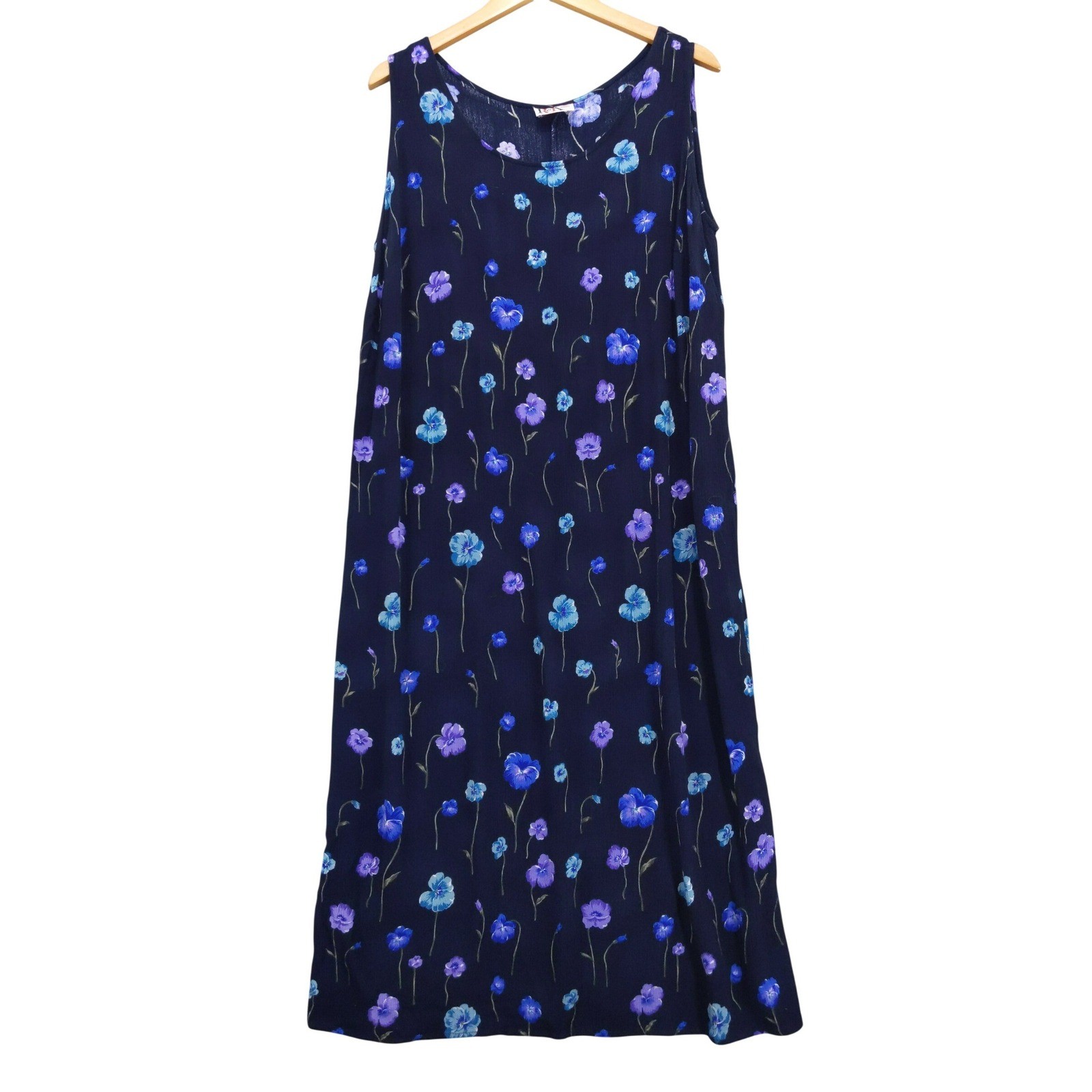 90s Vintage R&K Original Woman Dress Rayon 2X Navy Blue Floral Tie Back