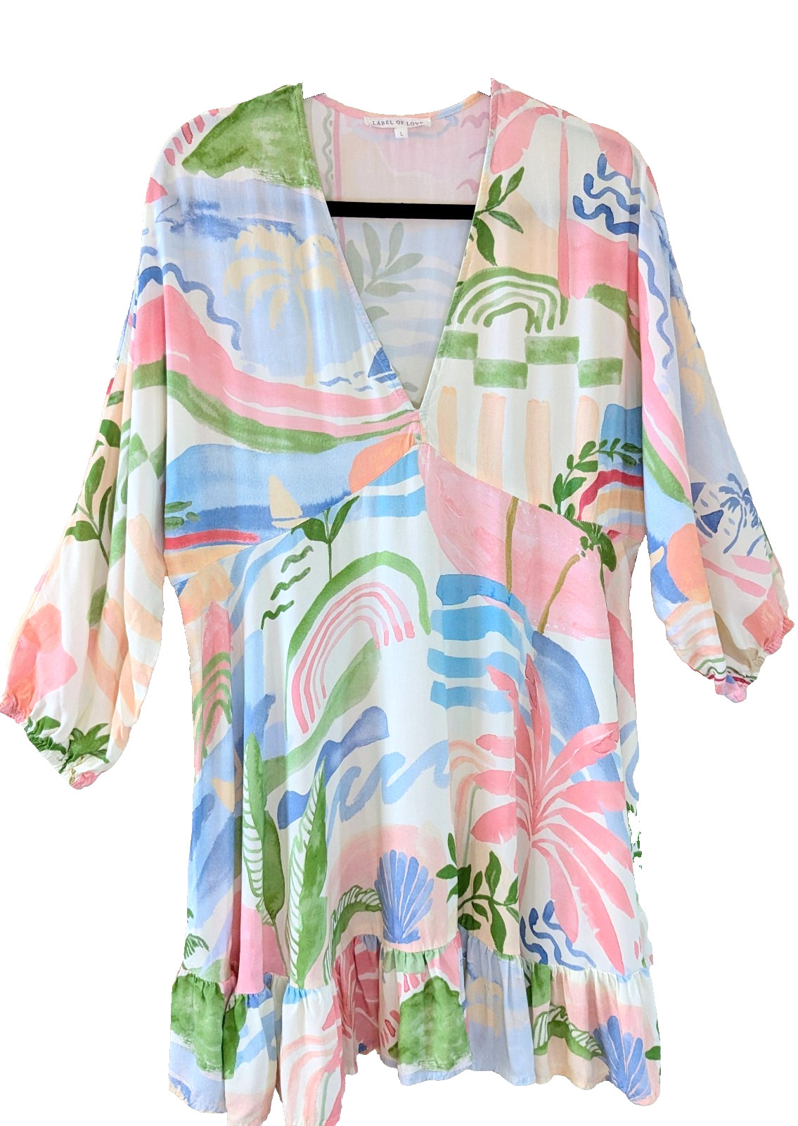 Label of Love SZ L Women’s Boho Coastal Chic Tunic Dress Tropical Beachy Artsy