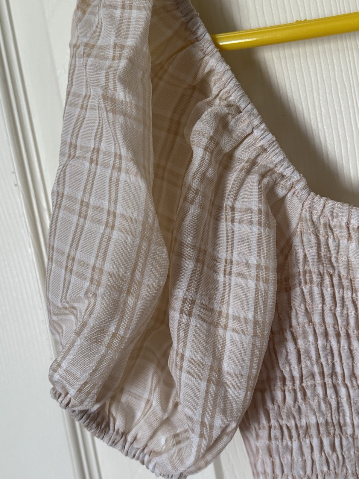 Blue Blush Beige White Plaid Puff Sleeve Smocked Short Sundress Sweetheart S
