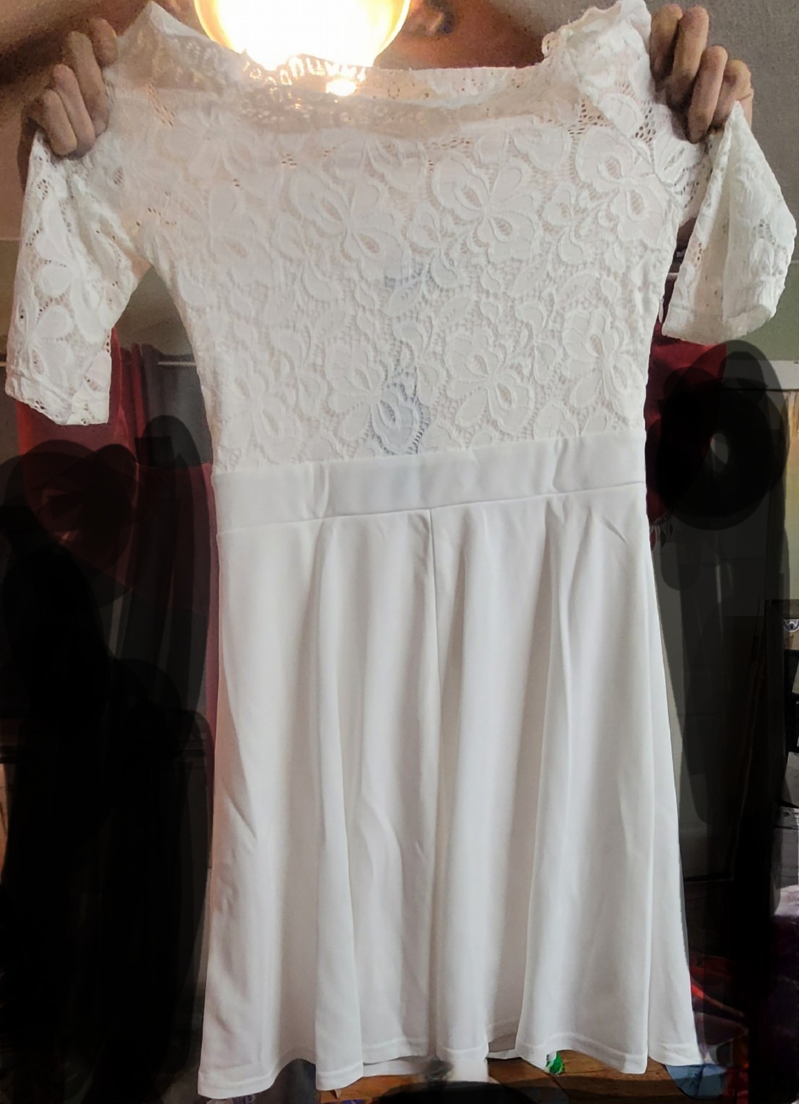Athlewhi White Floral Lace Off Shoulder A-Line Knee Length Dress Size M (NEW)