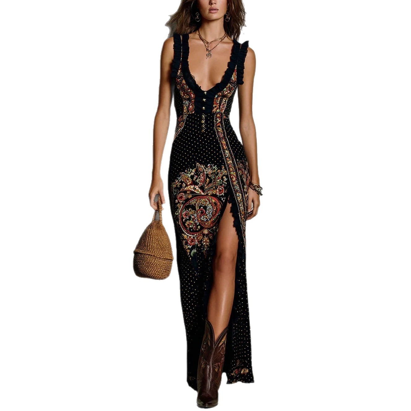 Digital Print Sleeveless Tank Top Split Long Skirt Dress