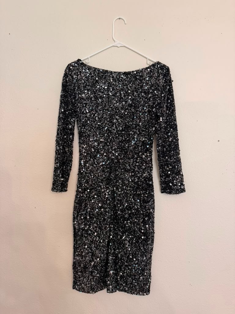 THEIA Black Sequin Cocktail Dress Size 2 Sheath 3/4 Sleeve Party Evening