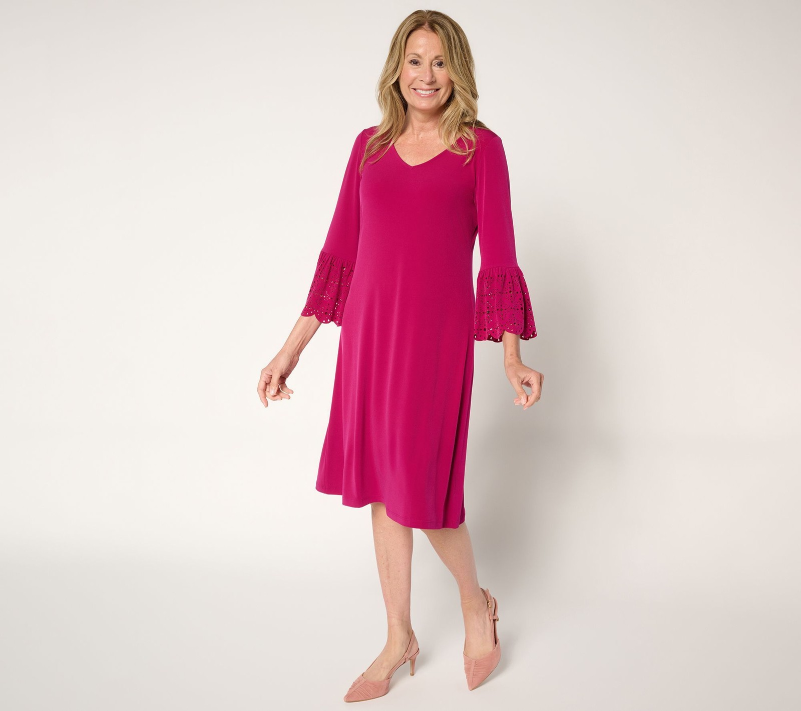 Susan Graver Women’s Petite Dress PM Liquid Knit w Laser Cut Sleeve Red A700459