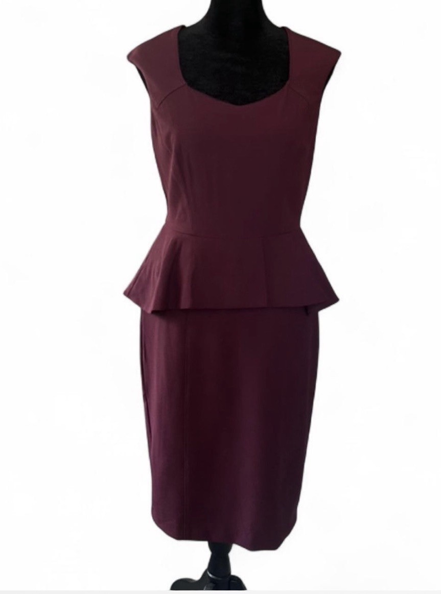 White House Black Market Burgundy Peplum Sheath Knit Zip Lined Dress 2