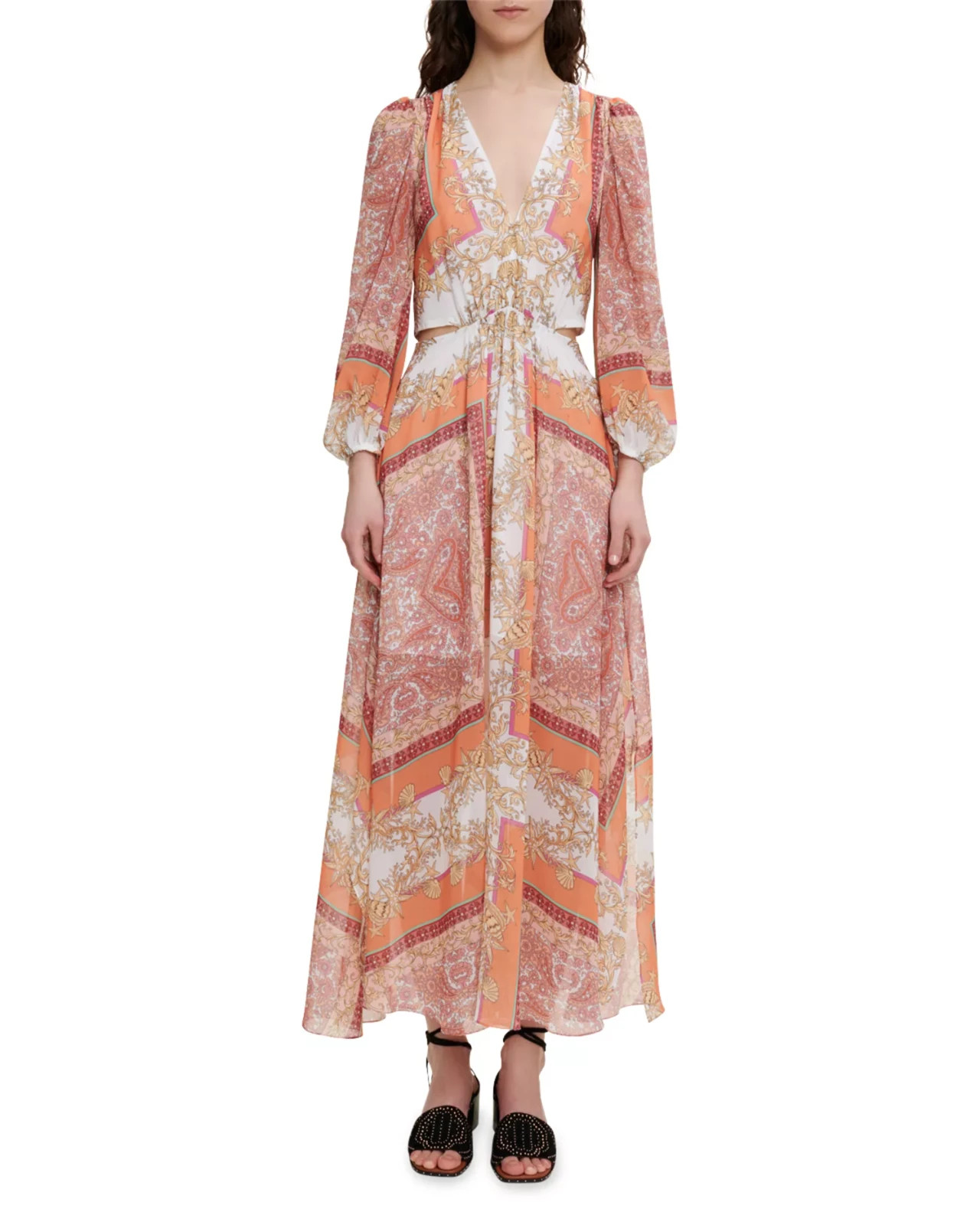 Maje Roquillage Scarf Print Maxi Dress size 40 Fr (US 8) cutouts
