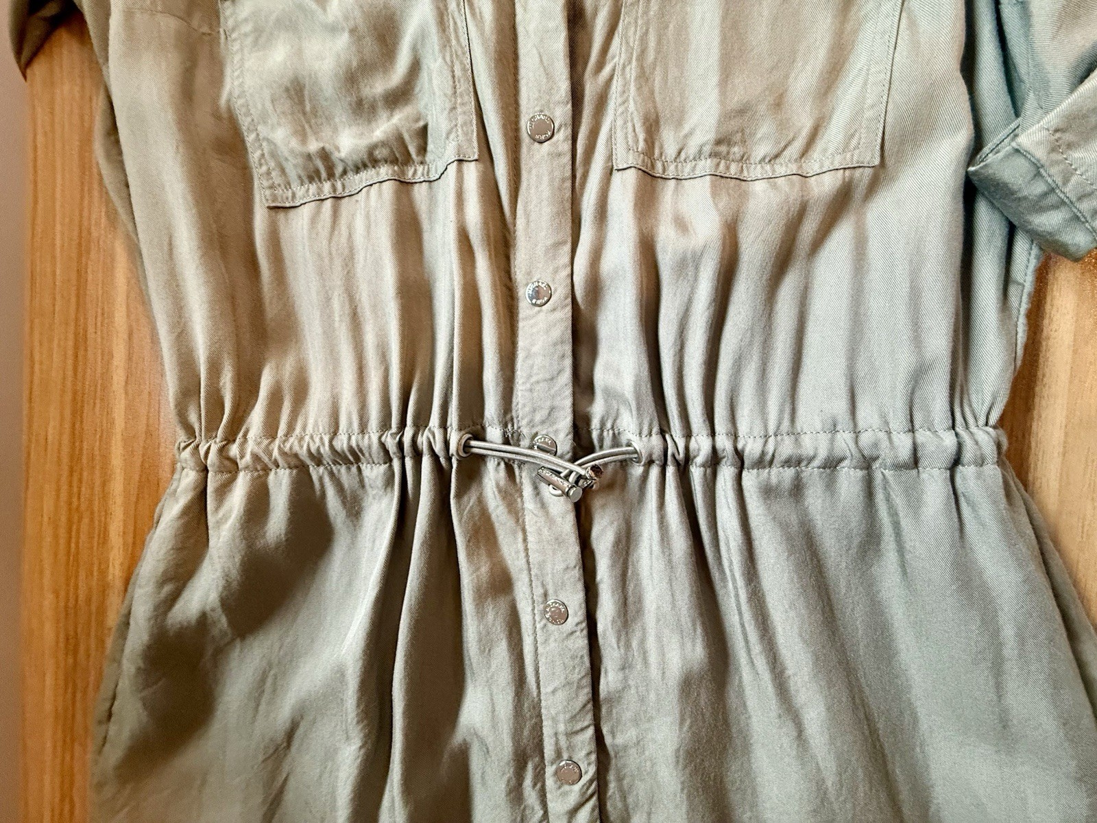Michael Kors Green Rayon Collared Button Shirt Dress Pockets Drawstring Medium