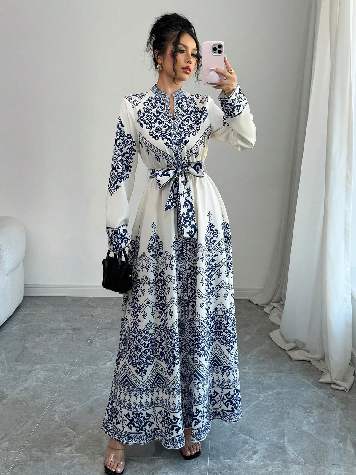 Elegant Ladies Dress With Belt In Blue White