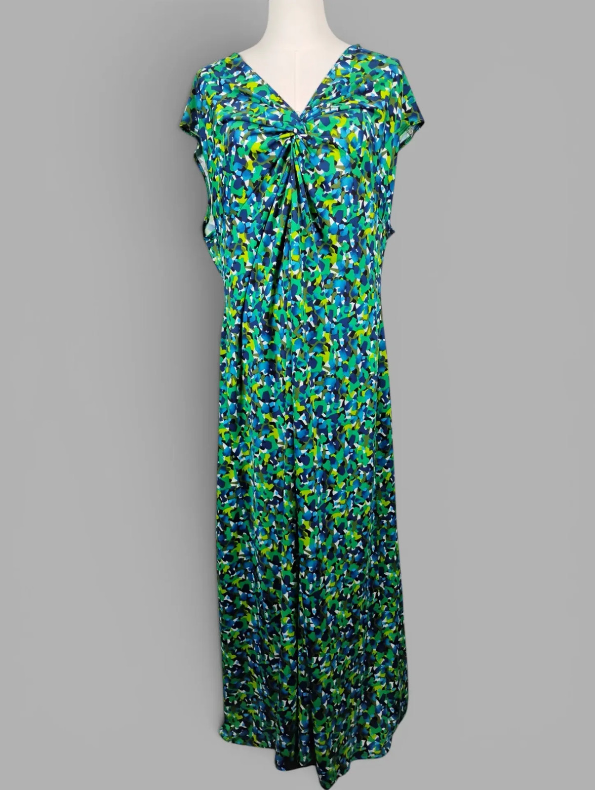 Blu Sage Plus Size 3X Green Blue Abstract V-Neck Twisted Maxi Dress