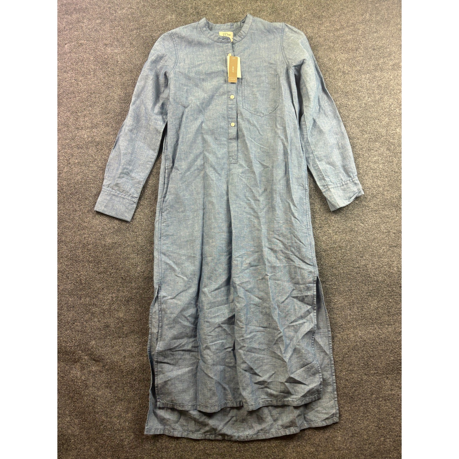 J.Crew Midi Shirt Dress Womens XXS Blue Linen Blend Long Sleeve Band Collar