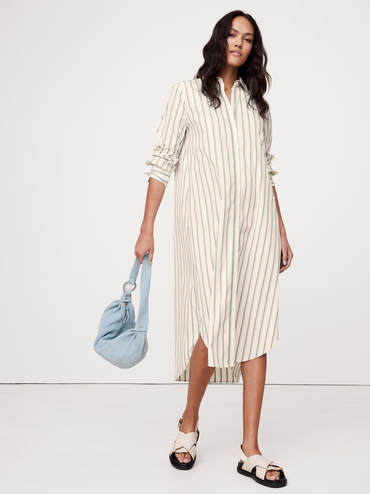 Banana Republic Cotton Poplin Asymmetrical Shirt Dress | Green Stripe M #743526