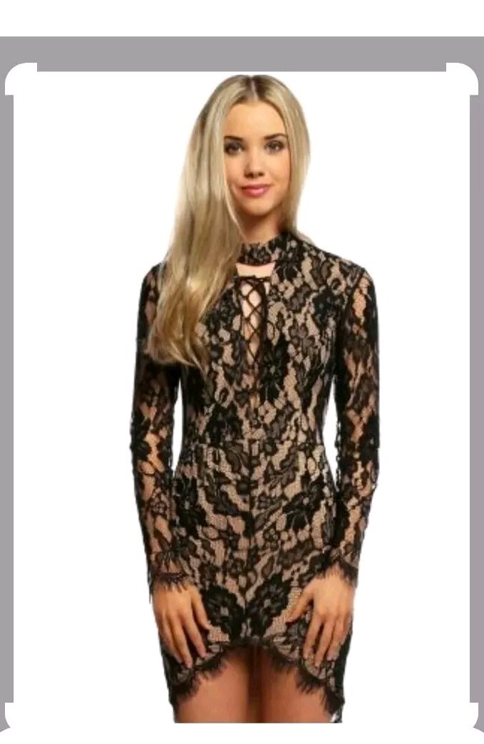 Ginger Fizz Lace You Up Black & Nude Mini Dress Size SMALL UK8 – 10 Cute Party