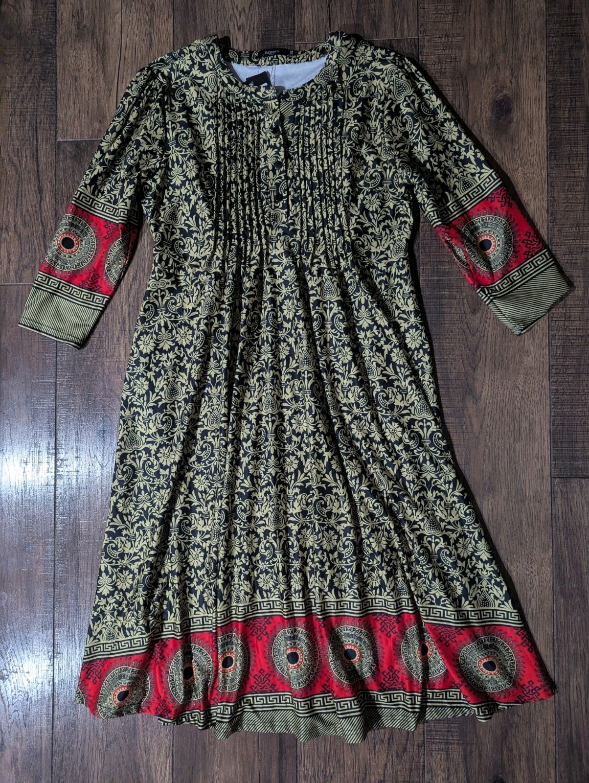 Reborn Women’s Black & Gold Paisley Bohemian Fit & Flare Dress Red Accent XL NWT