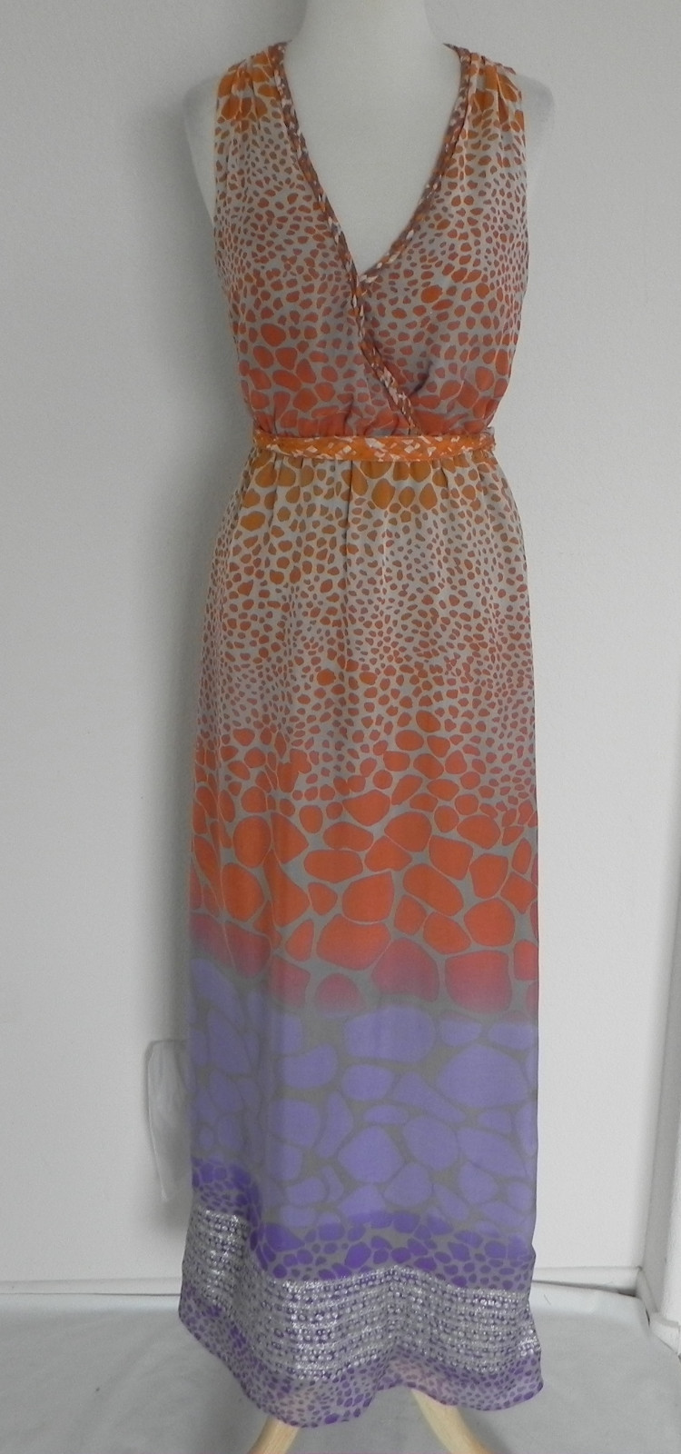 Presley Skye Maxi Dress Sleeveless Multi-Color 100% Silk Belted Size XS