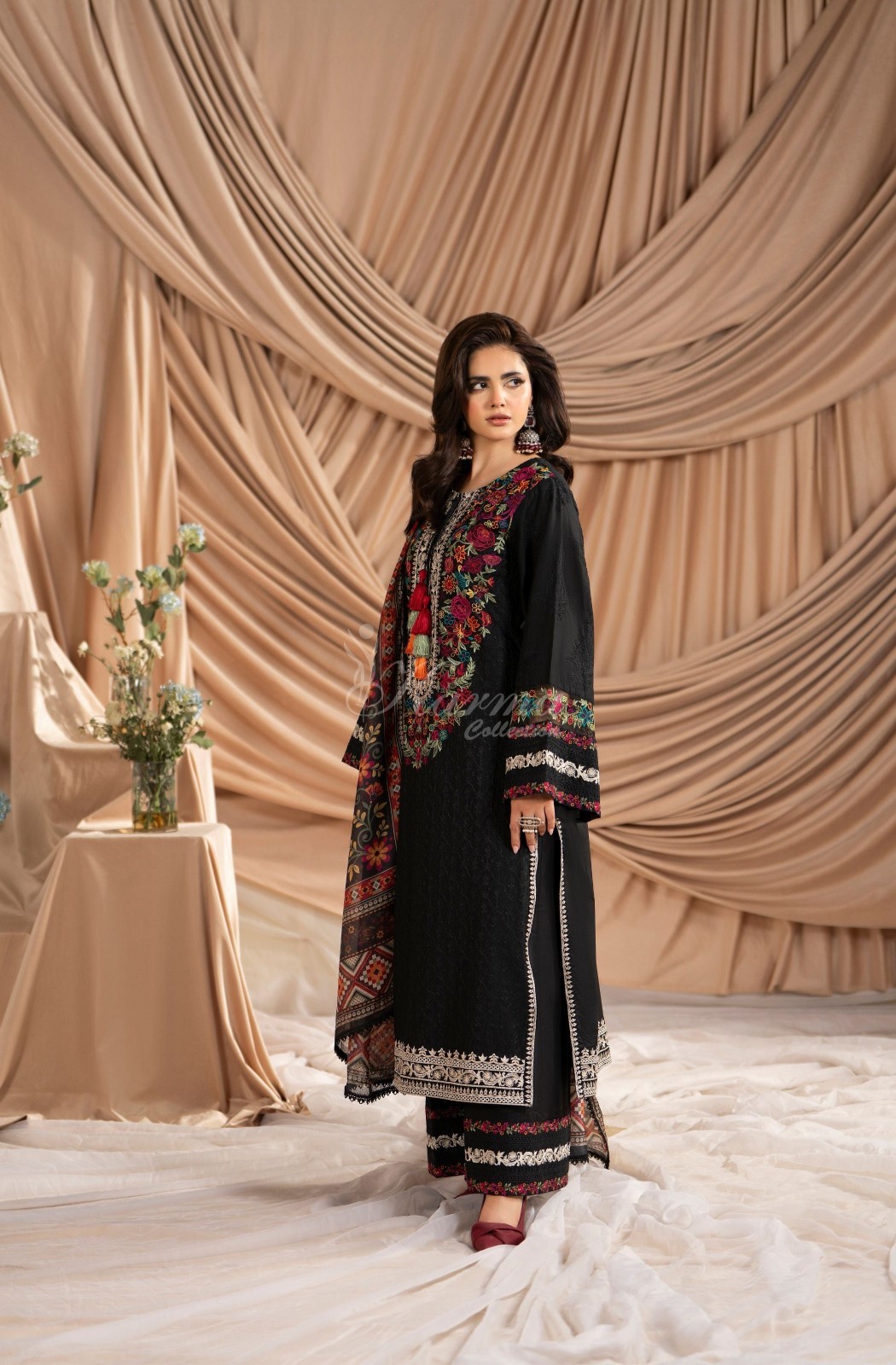 Karma Collection 3 Piece Stitched Embroidery Suit – KC-1584-Deep Black