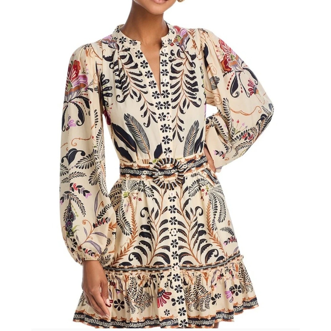 NWT Farm Rio Women’s Classic Nature Sand Mini Dress Long Sleeve Sand Size Small