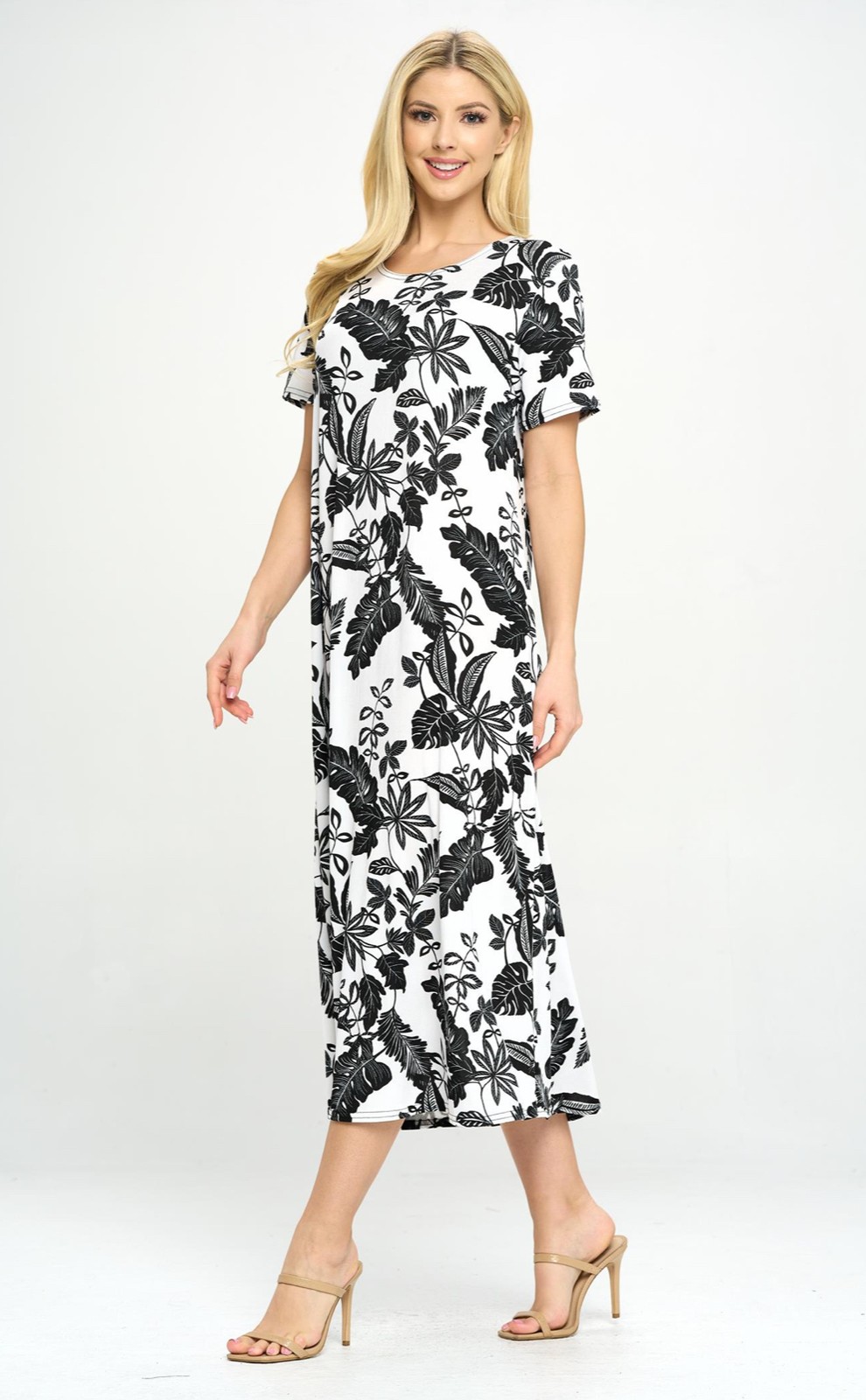 JOSTAR Slinky LONG DRESS Poly Spandex Knit Black White FLORAL S M L XL 2X 3X