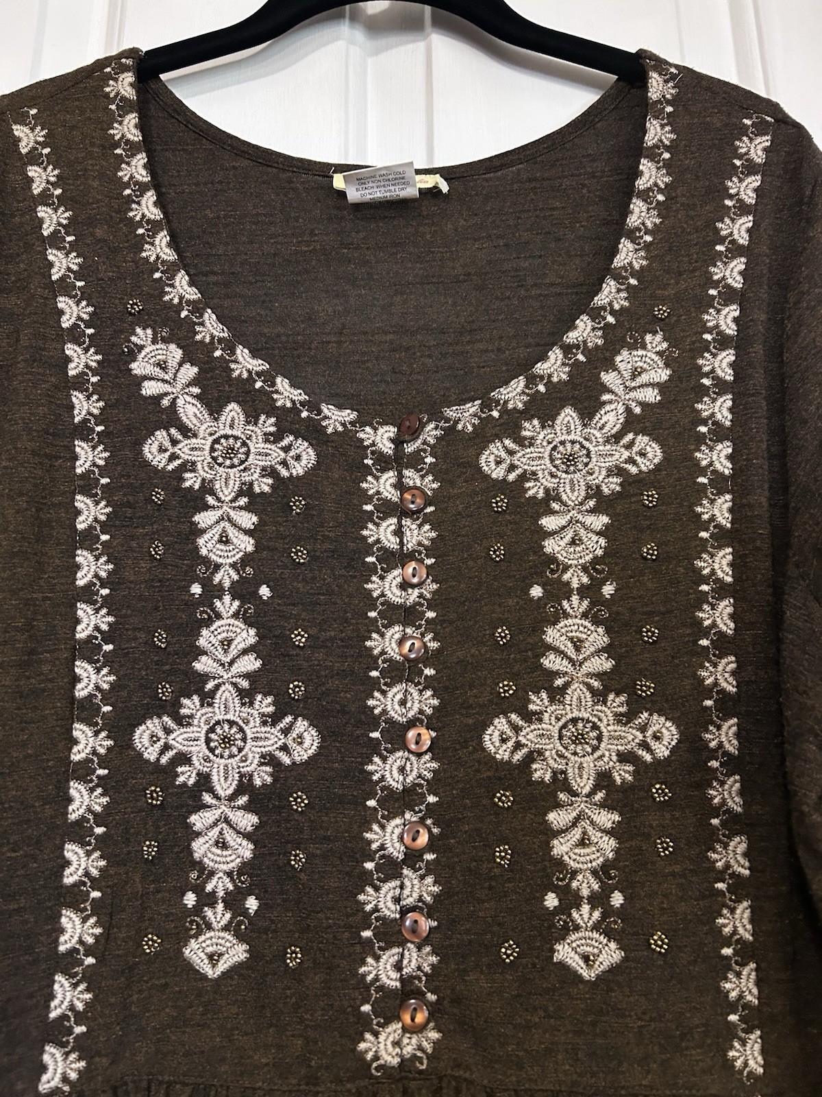 Sweet Magnolia Womens Large Embroidered Boho Dress Prairie Beaded Brown Cottage