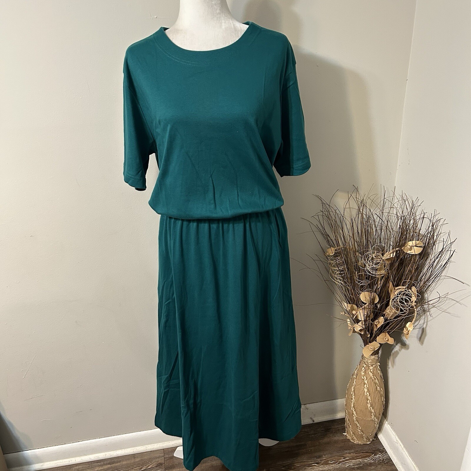 Vtg Lands’ End Green Long Dress Elastic Waist Short Sleeve Round Neck Sz XLT USA