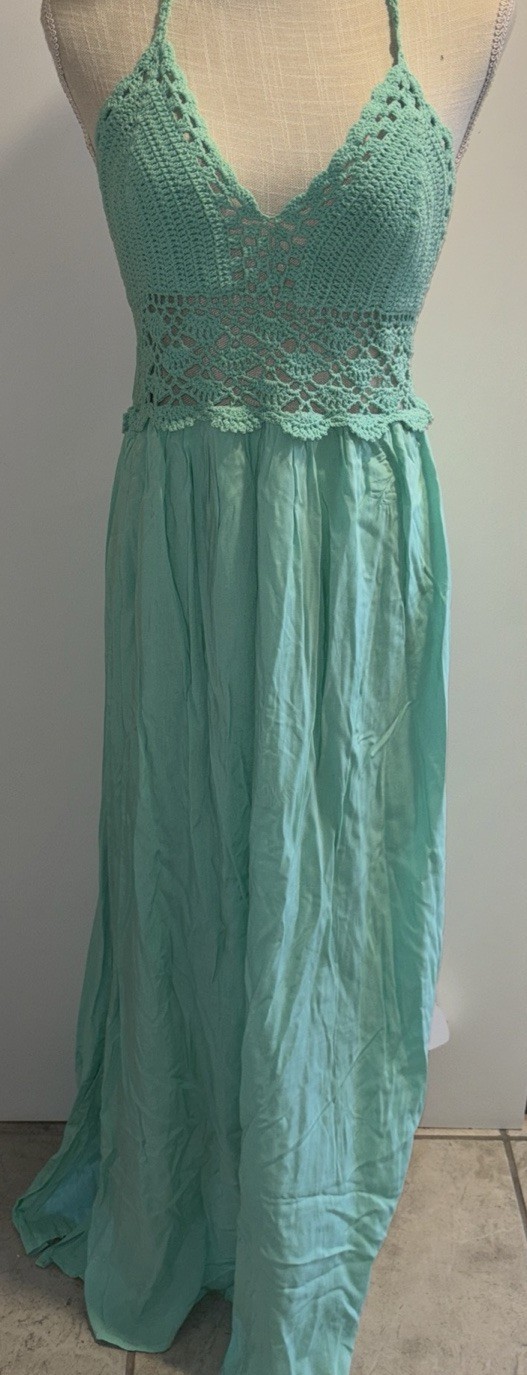 LB Lilbetter Crochet Halter Top Maxi Dress Seafoam Shade Long Size Med