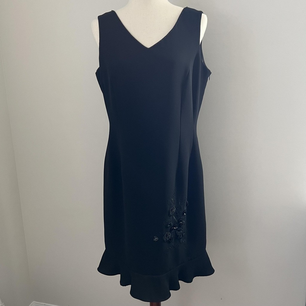 Black V Neck Mini Dress Floral Appliqué Ruffle Hem Romantic Chic
