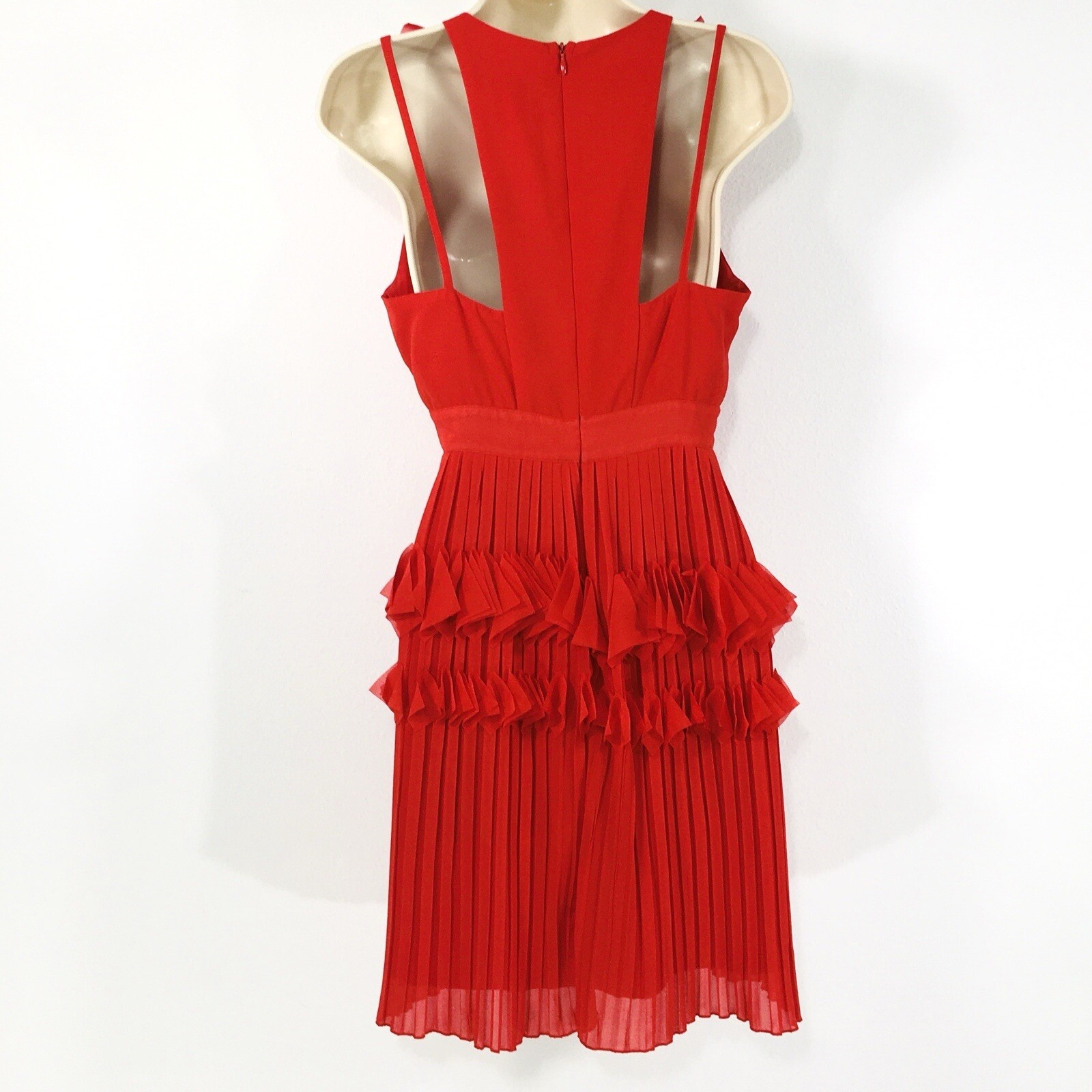 Foxiedox Red Pleated Ruffle Dress Sz S VNeck Zipper Lined Wedding Guest Party