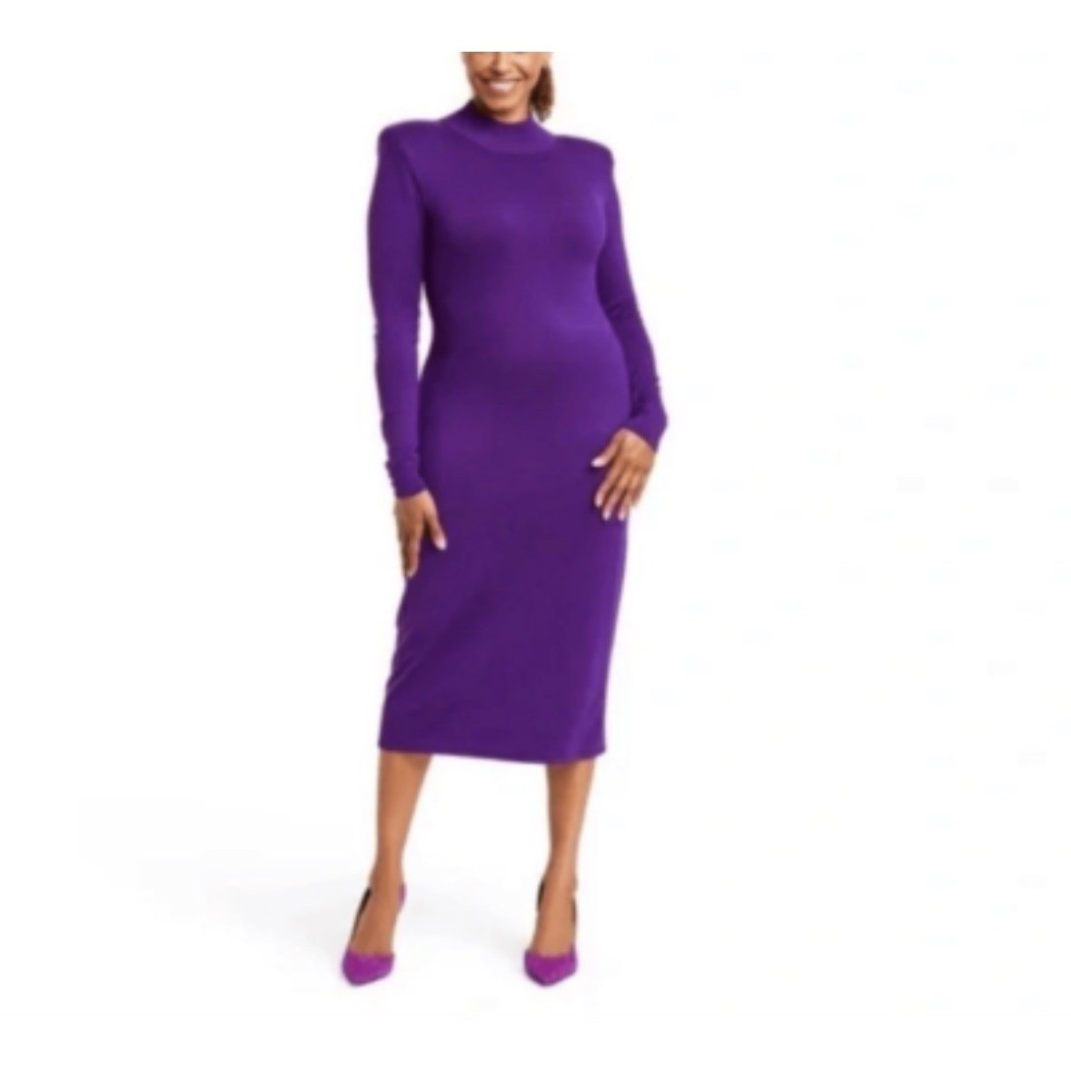 Sergio Hudson Strong Shoulder Sweater Dress 4X Mock Neck Midi Long Sleeve Knit