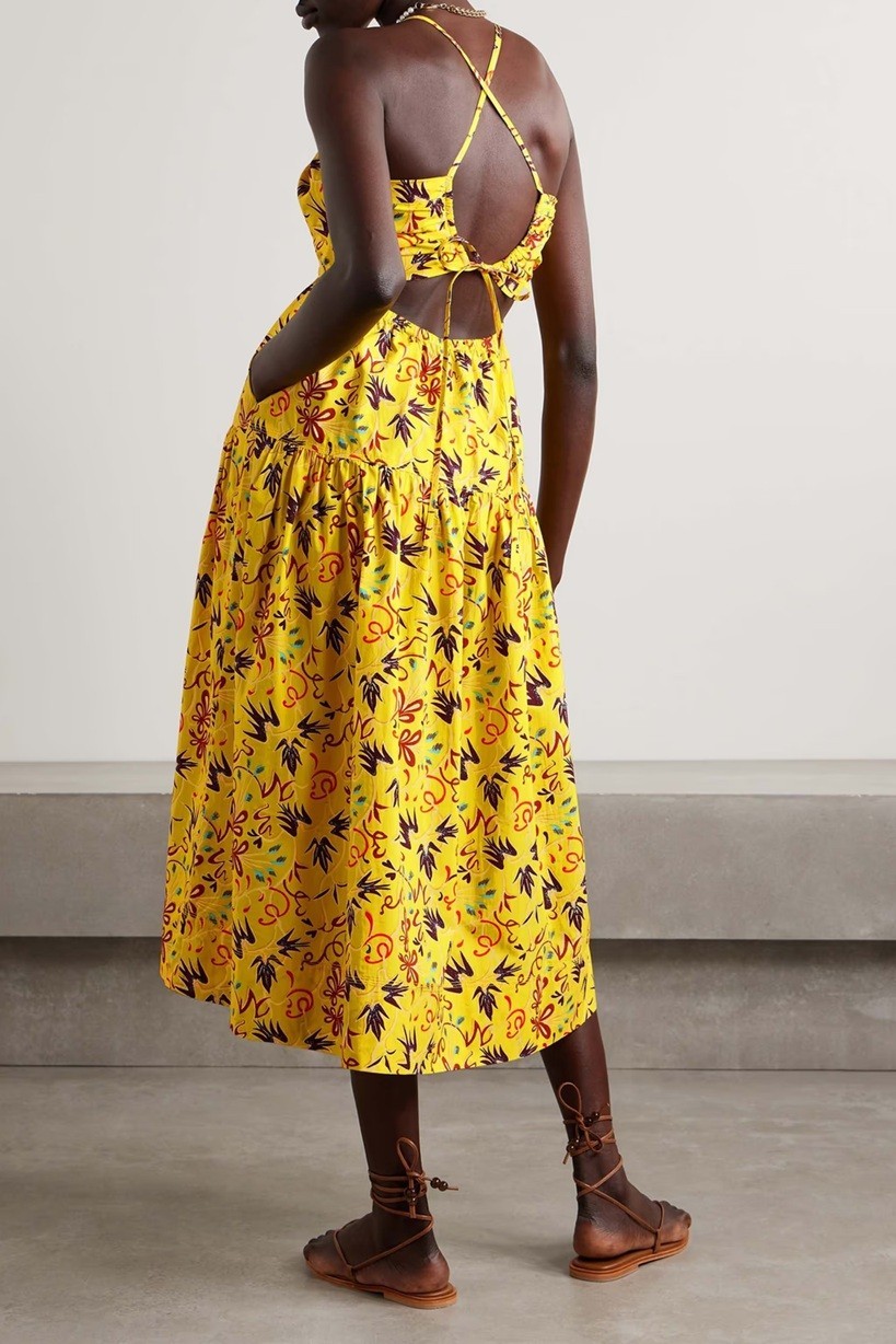 A.L.C. Arit tiered open-back Yellow printed cotton-poplin midi dress US 8 NWT