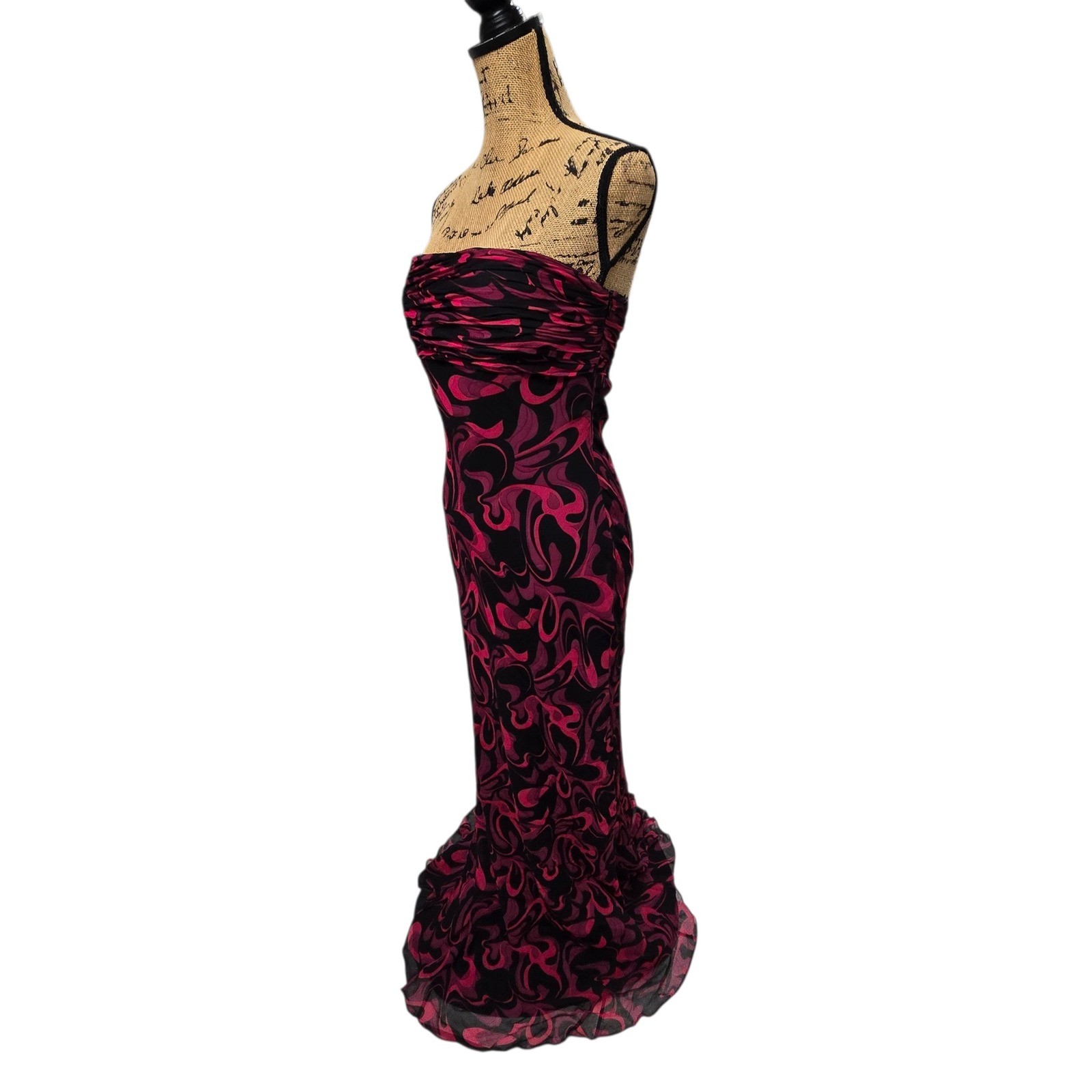 David Meister Gown Silk Strapless Column Dress Ruched Pink Black Sz 6 VTG Y2K