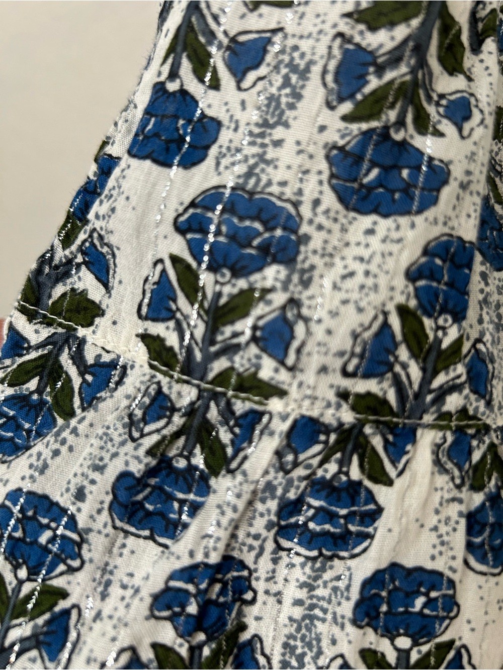 THML Blue Floral Block Print Tiered Mini Dress Metallic Lurex Collared Size M