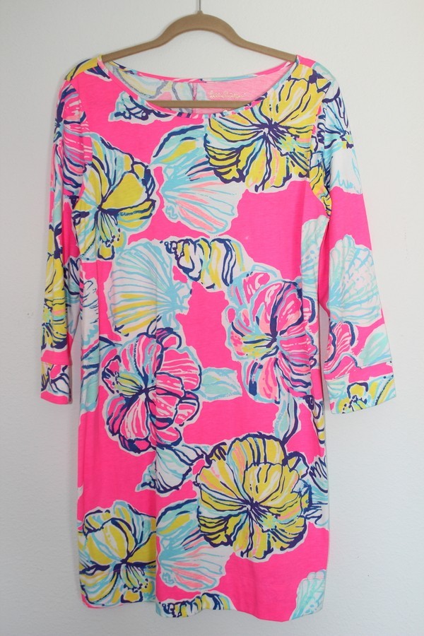 Lilly Pulitzer Marlowe Dress 100% Pima Cotton Pink Floral Boat Neck Nautical L