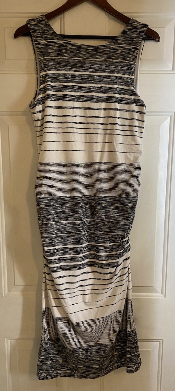 Athleta Midi Tank Dress Scoop Back Ruched Sides White Gray Black Large See Pics