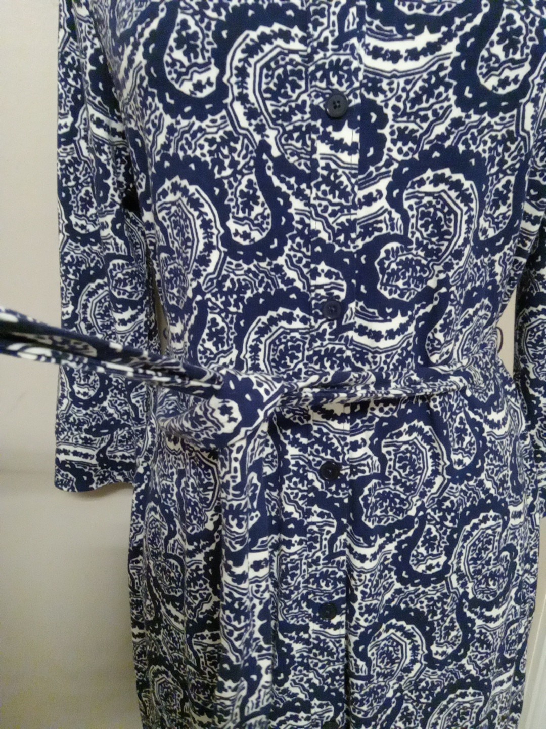Talbots Women Blue White Paisley Collar Button Down Midi Dress Size L