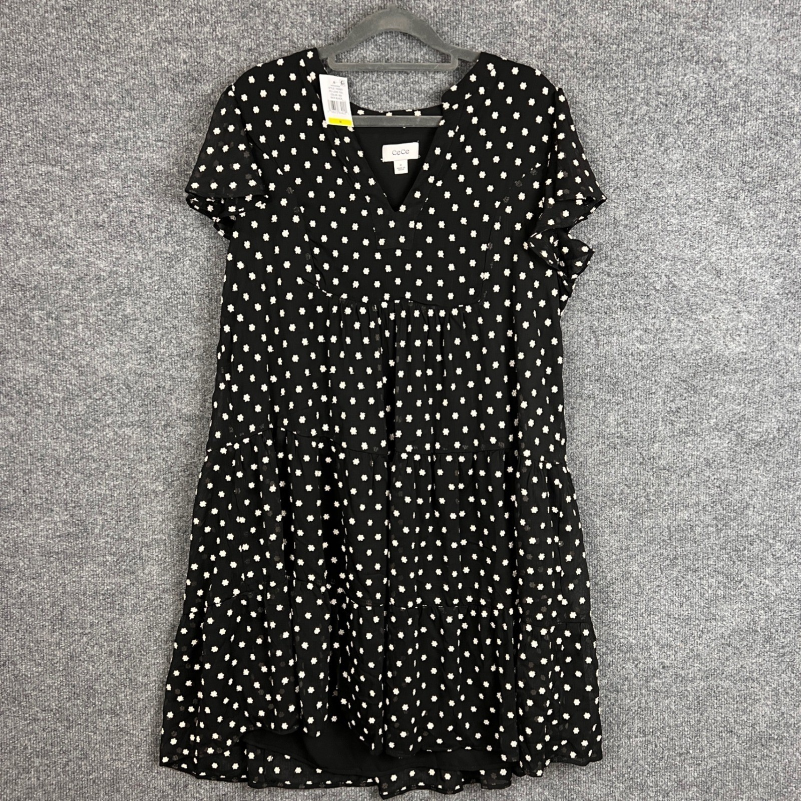 New CeCe Women Black Floral Print Tiered Short Sleeve V Neck Mini Dress Size M