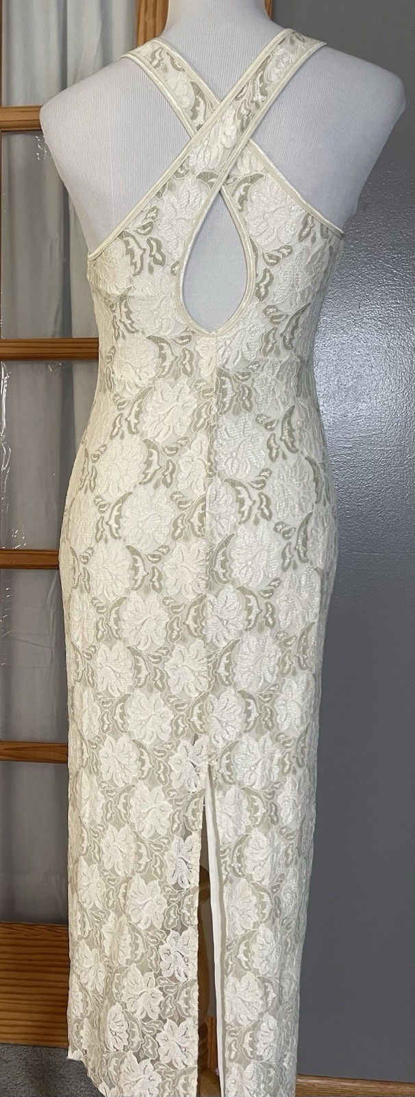 Floral Halter Neck Maxi Dress Sz S Ivory Beige Crossover Back Sequins Party