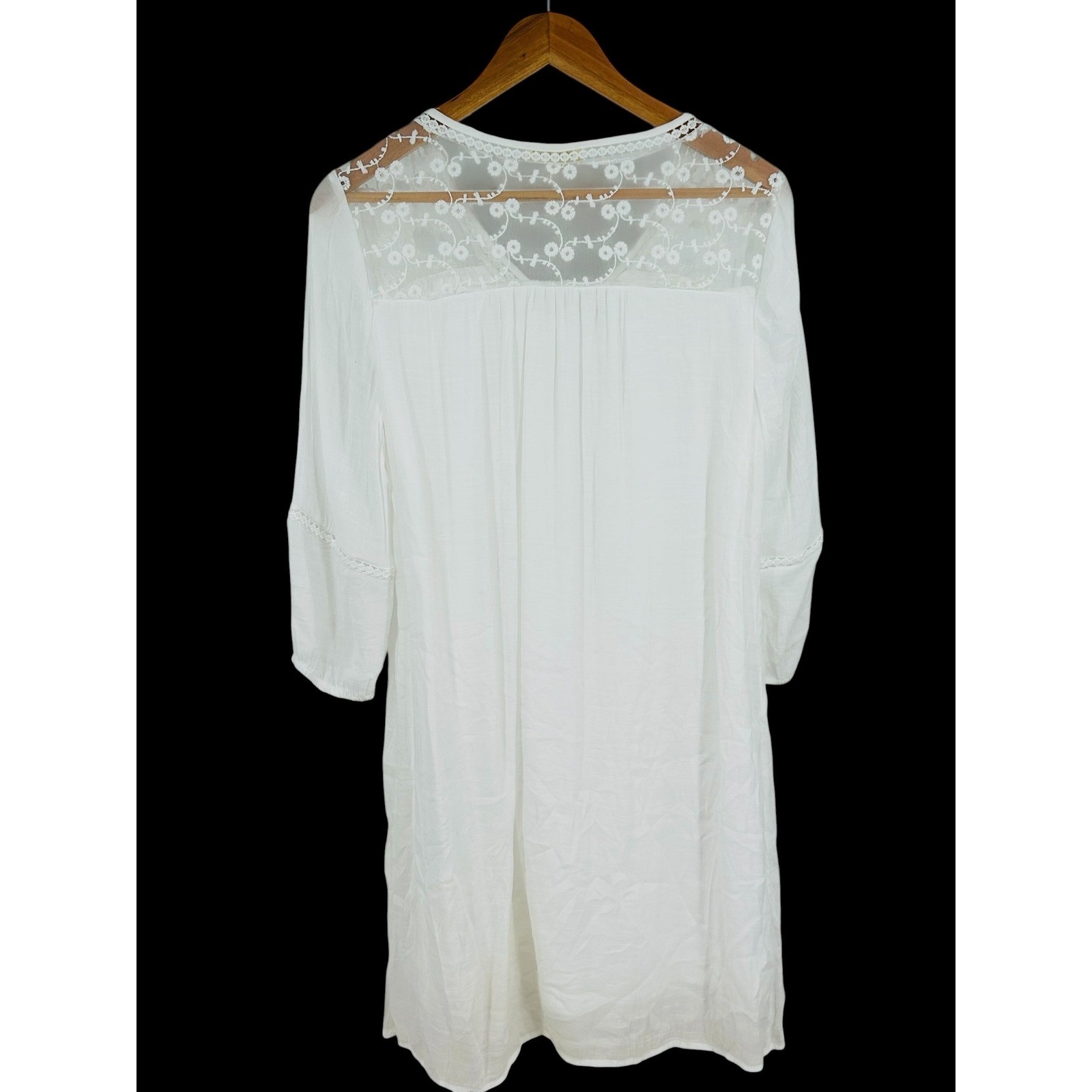 Indigo Rose White Lace Boho Tunic Dress V Neck 3/4 Sleeve Small
