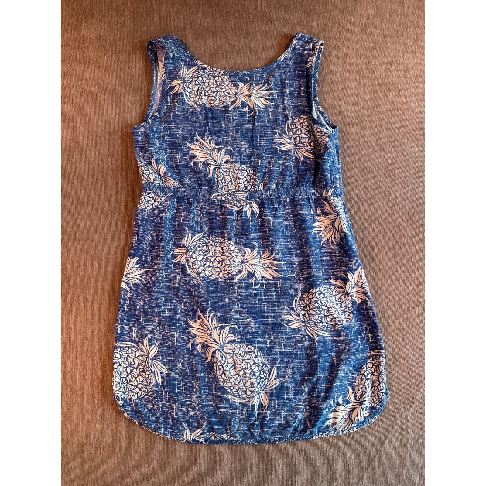 Womens Blue Pineapple Print Sleeveless Mini Dress Drawstring Waist Summer Beach